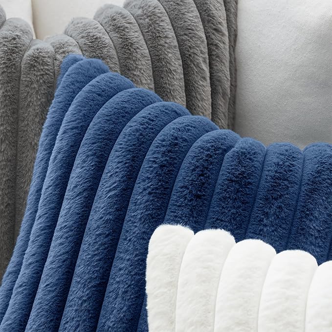 MIULEE Faux Fur Decorative Throw Pillow Covers 18x18 Set of 2 Navy Blue | Coastal Modern Soft Plush Couch Pillows, Cozy Fluffy Cushion Covers for Sofa Bed Living Room Home Decor