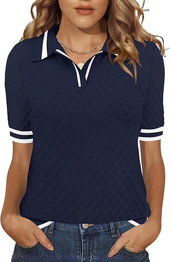 Rapbin Womens Short Sleeve Knit Polo Shirts Summer Spring Sweater Tops | Classic V Neck Collared Shirts Lightweight Business Casual Basic Fashion Pullover Polo Sweater for Work Formal Daily Wear