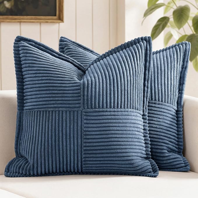 MIULEE Decorative Throw Pillow Covers for Couch 18x18 Inch Blue 2 Pack | Boho Broadside Striped Patchwork Pillow Covers, Soft Corduroy Cushion Cases, For Sofa Bed Livingroom Home Decor