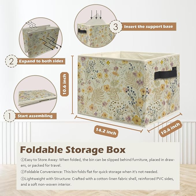 Watercolor Wildflower Storage Box Bins, Vintage Cottagecore Botanical Floral Collapsible Storage Basket Organizer for Bedroom Laundry Room Home Clothes Books, Decor for Room