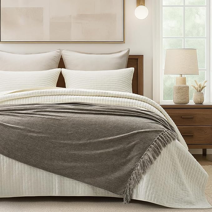 Chenille Knit Throw Blanket for Couch, 50"x60", Taupe | Cozy Plush Fuzzy Knittd Throw with Tassels, Lightweight, Decorative, Farmhouse Decor, Ideal for Bed Sofa Gift, All Seasons