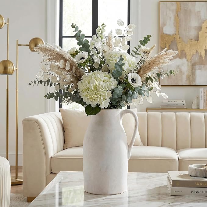 Ceramic Flower Vase with Handles,11" Neutral Tall Clay Beige Terracotta Vases Farmhouse Table Vases with Handle Living Room Decor Rustic Pottery Pots for Home Shelf Coffee Dining Desk Fireplace