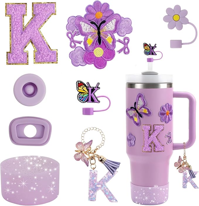 15PCS Cup Accessories Set for Stanley Cup 30oz 40oz Tumbler with Handle, Including Silicone Straw Cover and Boot, Spill Proof Stopper, Stanley Charms, Handle Charm, Initials Sticker