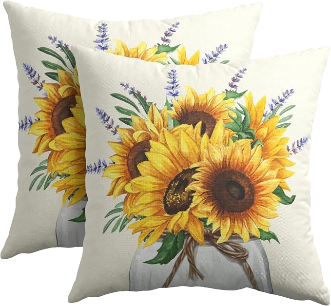 Kawani Sunflowers Throw Pillow Covers 16x16 Inch Set of 2 Summer Bright Yellow Purple Floral Mason Jar Pillowcase Cotton Linen Square Cushion Case Decoration for Couch Sofa Bed Car Home Office