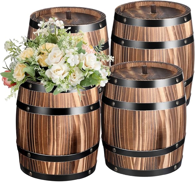 GlikCeil 4 Pcs Wood Wine Barrel Vase Vintage Flower Vase Container Rustic Barrel Planter for Wedding Reception Table Decoration Home Indoor Outdoor Garden Kitchen Party (8 x 6.5 Inch)