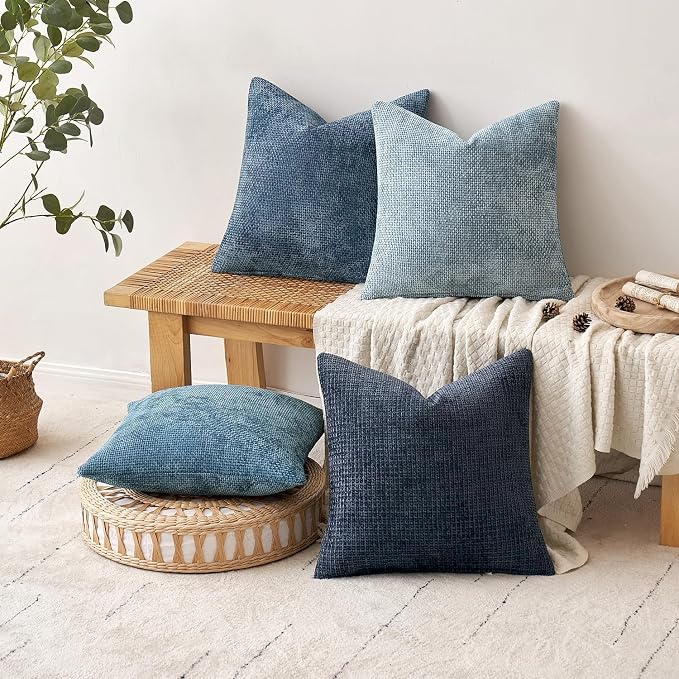 MIULEE Soft Decorative Chenille Euro Pillow Covers Blue Series 26x26 | Pack of 4, Modern Coastal Decor, Blue Gradient, Couch Throw Pillows, Farmhouse Boho Cushion Covers for Sofa Bed Living Room