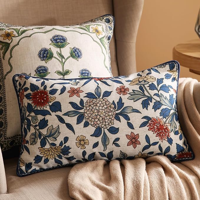 patdrea Designer French Vintage Linen Throw Pillow Cover,12"x20"-Ivar A | Decorative Pillow Cover,Blue and White Floral Pattern,Pillow Case for Couch Living Room Bedroom Sofa Outdoor