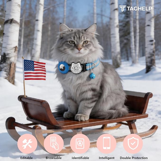 Cat Collar with AirTag Holder, QR Code Tag and Bell (Blue)