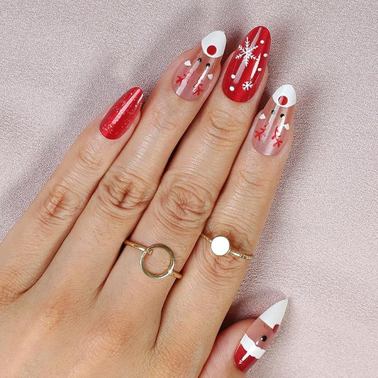 Christmas Press on Nails Glitter Fake Nails Red False Nail with Snowflakes Design Elk Glue on Nails Glossy Full Cover Xmas Artificial Acrylic Santa Claus Stick on Nail for Women Manicure 24Pcs