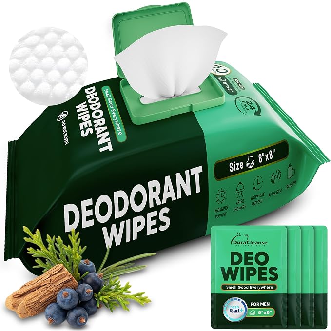 XL Deodorant Wipes for Men - 60 Ct. + 4 Travel Body Wipes Individually Wrapped - 8"x8" Odor Eliminator Towelettes for Underarm, Body, Feet - pH Balanced Armpit Smell Remover for Gym & Post Workouts
