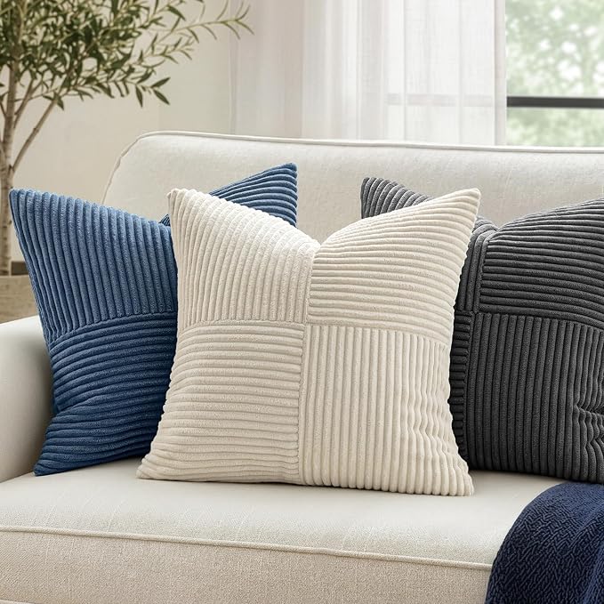 MIULEE Dusty Blue Decorative Throw Pillow Covers for Couch 18x18 Inch | 2 Pack, Boho Farmhouse Pillow Covers, Soft Cross Corduroy Patchwork Textured Cushion Cases For Bed Sofa