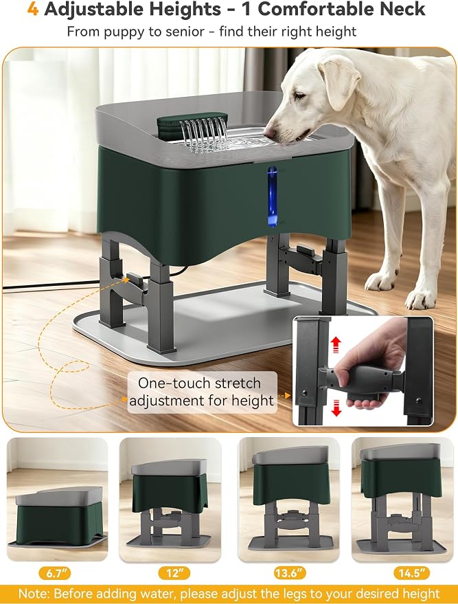11L No-Spill Elevated Dog Water Fountain, 4 Heights Adjustable | Large Capacity, No-Splash, Anti-Slip Mat, 304 Stainless Steel Tray, 5-layer Filtration, for Senior/Large Dog & Multi-Pet Home