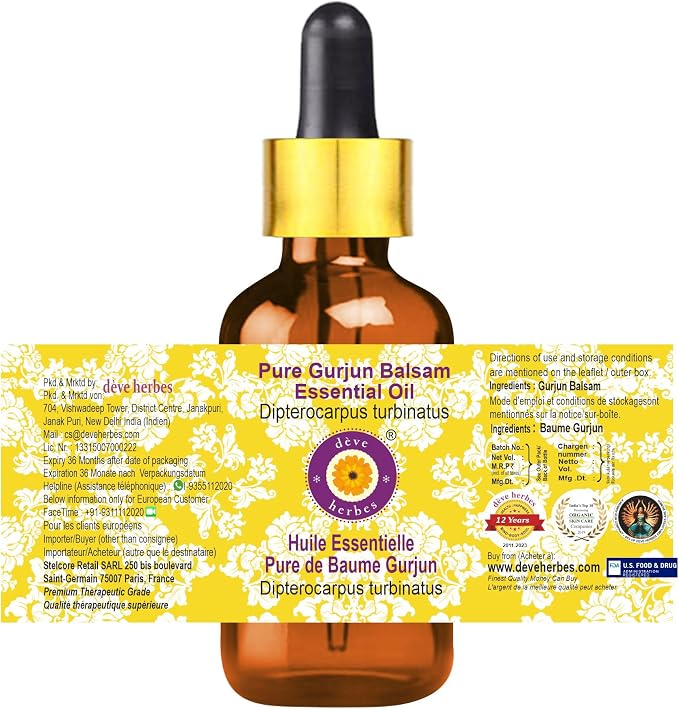 Deve Herbes Pure Gurjun Balsam Essential Oil (Dipterocarpus turbinatus) with Glass Dropper Steam Distilled 10ml (0.33 oz)