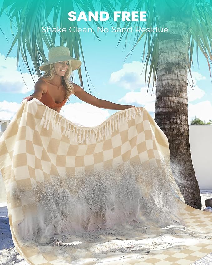 Turkish Beach Towels Large Soft Picnic Towel Vacation Essentials Outdoor Law Grass Mat Park Car Summer Stuff Road Camping Gear Ship Cruise Gear Must Haves Europe Trip Beach Towel Outside Yard Beige