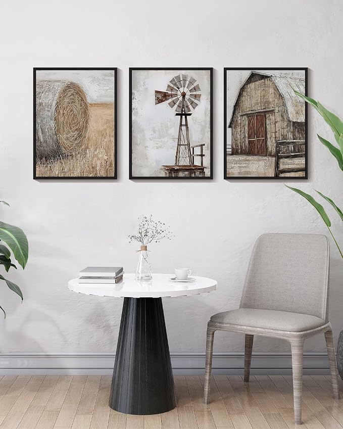 Drsoum Farmhouse Wall Art Vintage Rustic Windmill Barn Cornfield Pictures Framed Painting Landscape Countryside Rural Canvas Artwork Home Decor Ready to Hang 11x14in - Black Framed