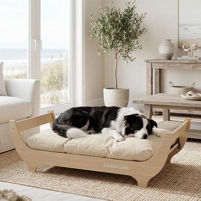 CANAGAN Elevated Wood Dog Bed Frame with Cushion, WoodPattern, Large | Raised Dog Couch Bed with Washable Cover and Plush PP-Filled Cushion, Furniture-Style for Indoor Living