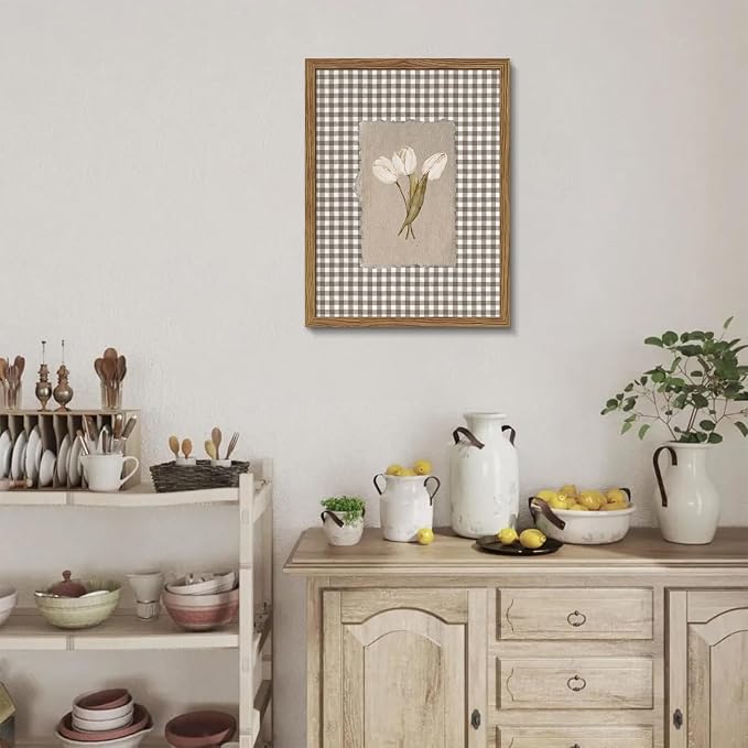 Vintage White Tulips Framed Canvas Wall Art – Brown Gingham Botanical Painting Print, Rustic Farmhouse Floral Picture for Living Room Bedroom Nursery Office Home Decor 24x16 inch