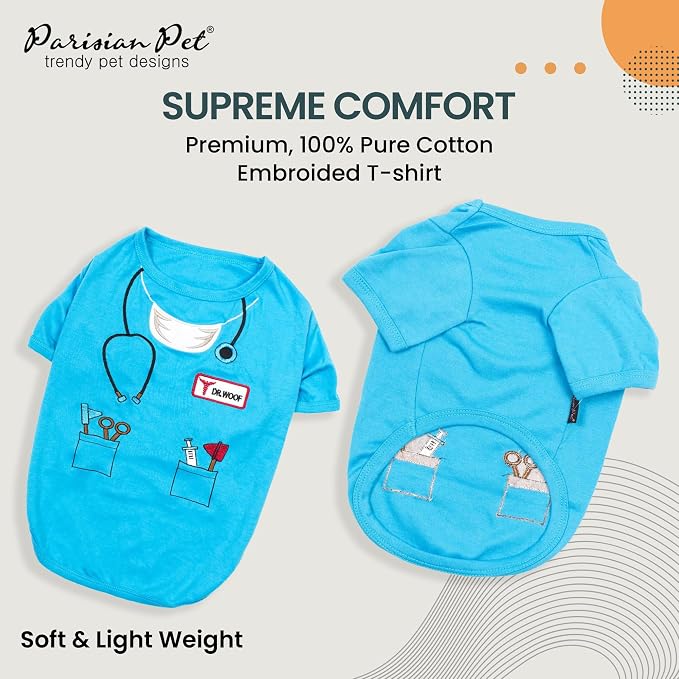 Parisian Pet Doctor Dog Costume - 100% Cotton Dog Clothes for Large Dogs - Lightweight Puppy Outfits - Funny French Bulldog Clothes - Sleeved Woof Shirt for Dogs - Stretchy and Stylish Pet Costume