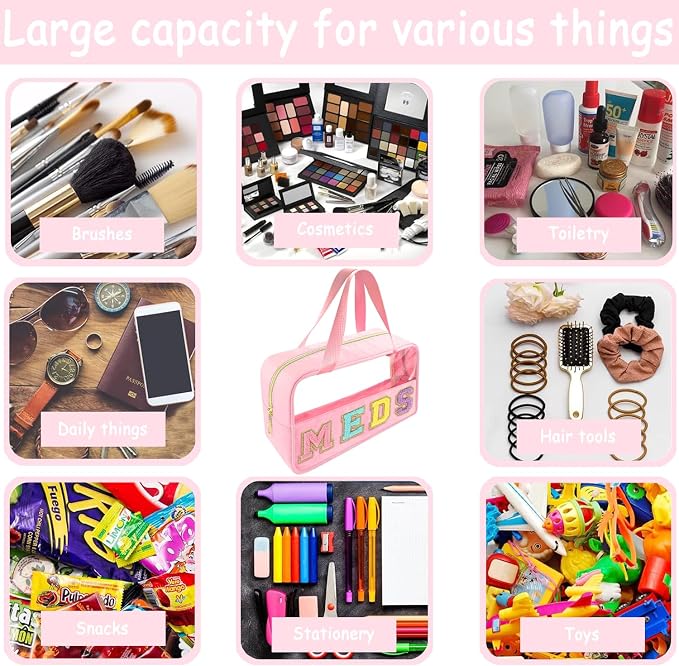 Bunliuys Chenille Letter Clear Makeup Bag Meds Patch, Travel Toiletry Makeup Bag with Handle, Nylon Waterproof Makeup Bags clear cosmetic bag, preppy patch makeup bag for Women (MEDS-Pink)