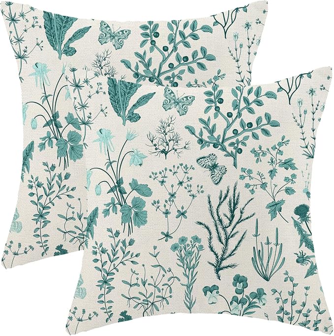 AEIOAE Summer Pillow Covers 24x24 Inch Set of 2,Teal Green Wild Flower Plant Throw Pillows Case,Seasonal Floral Outdoor Decorative Square Linen Farmhouse Decor Cushion Covers for Home Sofa Bed Couch