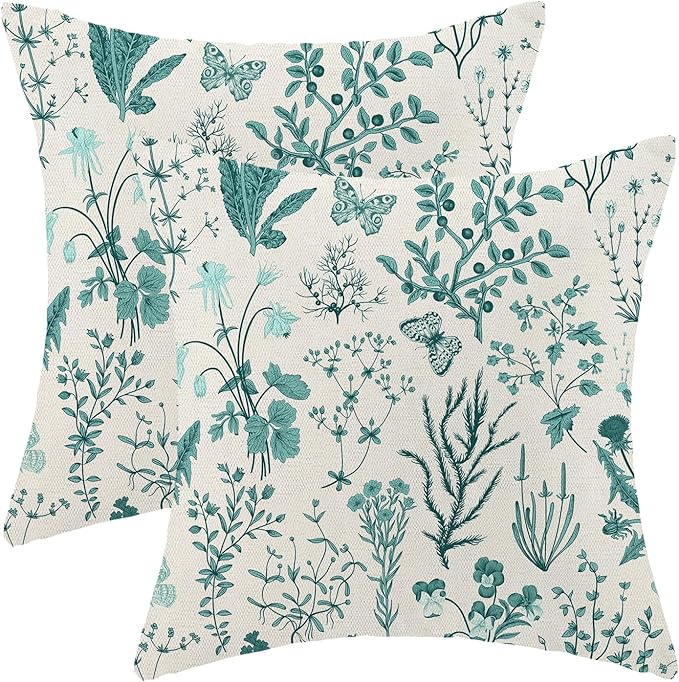 AEIOAE Summer Pillow Covers 16x16 Inch Set of 2,Teal Green Wild Flower Plant Throw Pillows Case,Seasonal Floral Outdoor Decorative Square Linen Farmhouse Decor Cushion Covers for Home Sofa Bed Couch