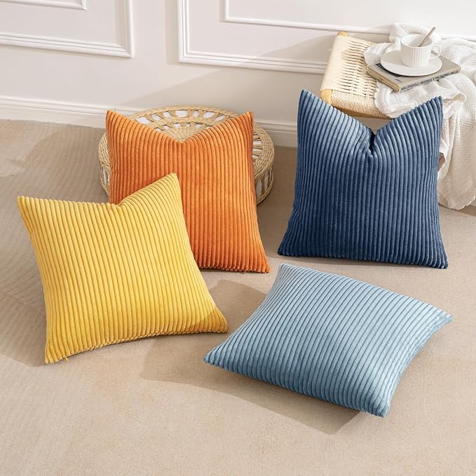MIULEE Soft Corduroy Decorative Throw Pillow Covers Blue-Orange 18x18 | Set of 4, Mordern Nordic Coastal Decor, Summer Sky Wheat Set, Boho Farmhouse Cushion Covers for Couch Bed Sofa Living Room