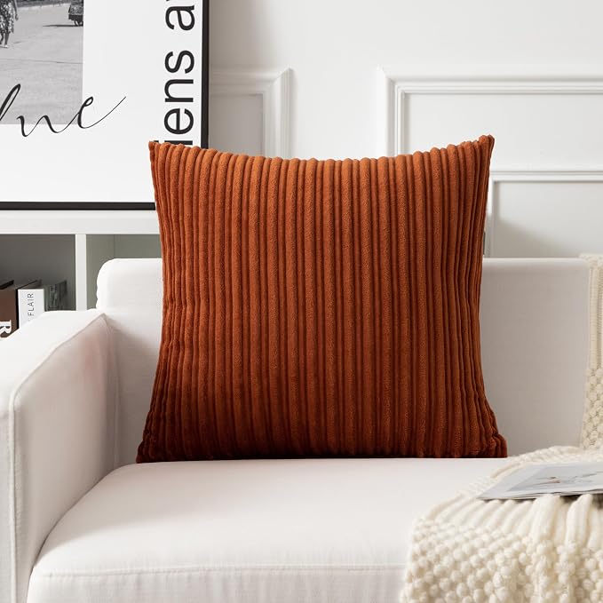 UGASA Fall Velvet 20x20 Inch Soft Throw Pillow Cover Decorative Corduroy Striped Both Sides Solid Square Cushion Case Boho Farmhouse for Couch Bedroom Sofa Home, 1 Piece, Burnt Orange