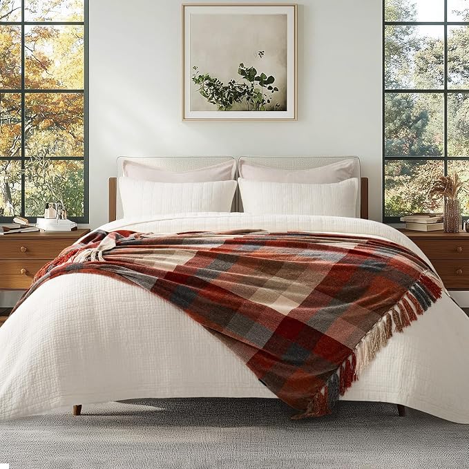 Plaid Chenille Fall Throw Blanket, 60"x80", Harvest Orange Plaid | Super Soft Knit Throw with Tassels, Cozy, Decorative Rustic Farmhouse Decor for Autumn, Ideal for Couch Bed Sofa Gift