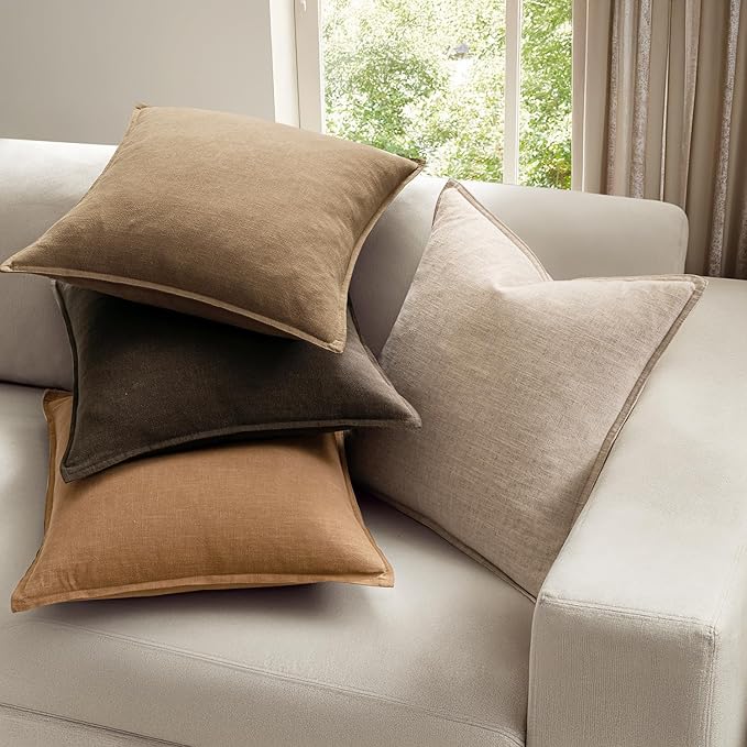 MIULEE Neutral Brown Boho Linen Pillow Covers 24x24 Inch Pack of 4 | Natural Fall Decorative Throw Pillow Covers, Soft Farmhouse Couch Pillowcases, Modern Decor for Living Room Bed Sofa