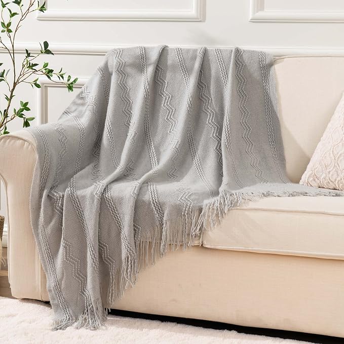 BATTILO HOME Light Grey Throw Blanket for Couch, Geometric Grey Bed Throws Decorative Boho Blanket for Sofa Living Room, 50"x60"
