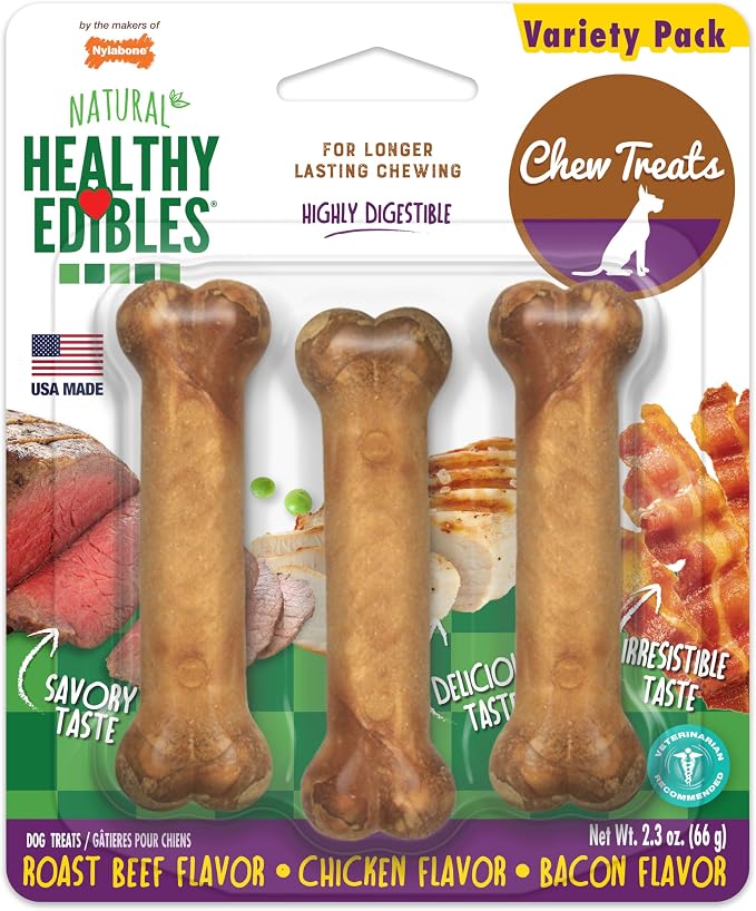 Nylabone Healthy Edibles Dog Treats Variety Pack, X-Small, 3 Count | Roast beef, chicken, & bacon flavor, natural dog chews, USA made, long lasting chews for small dogs up to 15 lbs