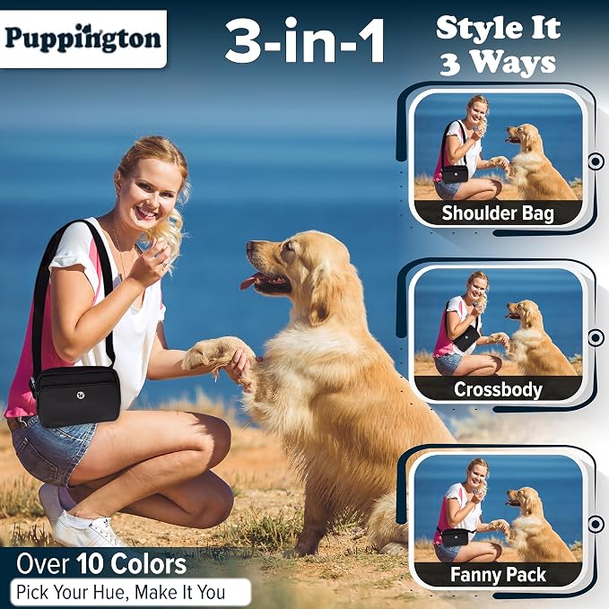 Puppington 3-in-1 Crossbody Dog Walking Bag & Treat Pouch with Matching Planet Safe Poop Bags & Built-In Dispenser - Dog Mom Gift for Puppy Training with Zippered Pockets (Onyx Black)