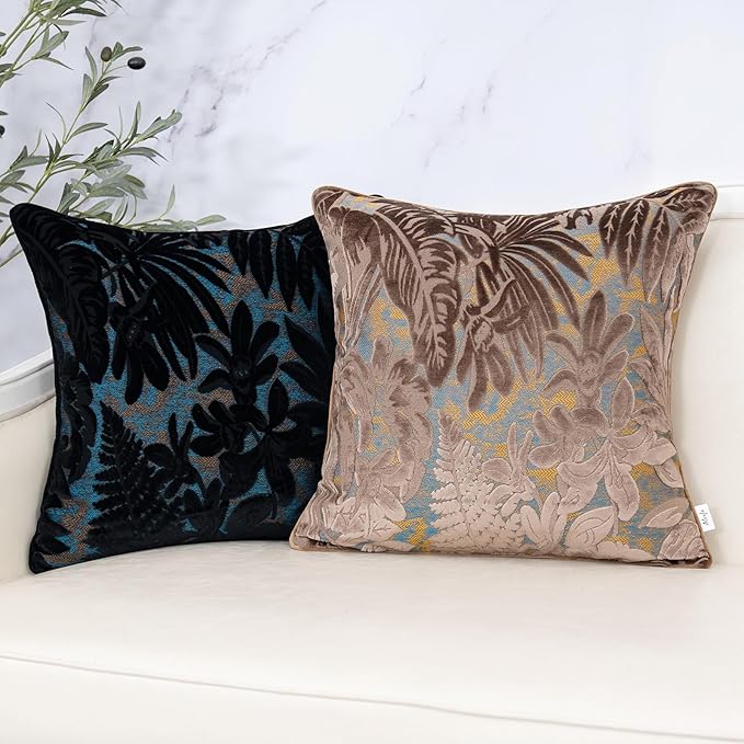 Alerfa Black Throw Pillow Cover 18x18 Inch, Square Cut Velvet Maple Leaf Embroidery Luxury Farmhosue Accent Decorative Pillow Cover for Couch Living Room Bedroom