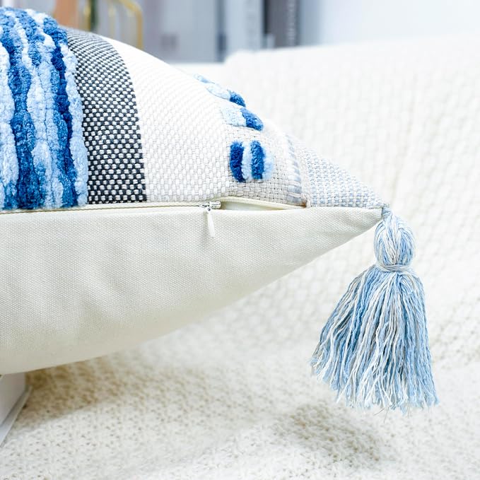 PANOD Chenille Farmhouse Throw Pillow Covers 18 x 18 Blue, Neutral Boucle Couch Pillow Cover, Striped Decorative Boho Coushion Cover Pillow Case for Couch Bed Sofa Bedroom,Modern Accent,Set of 2