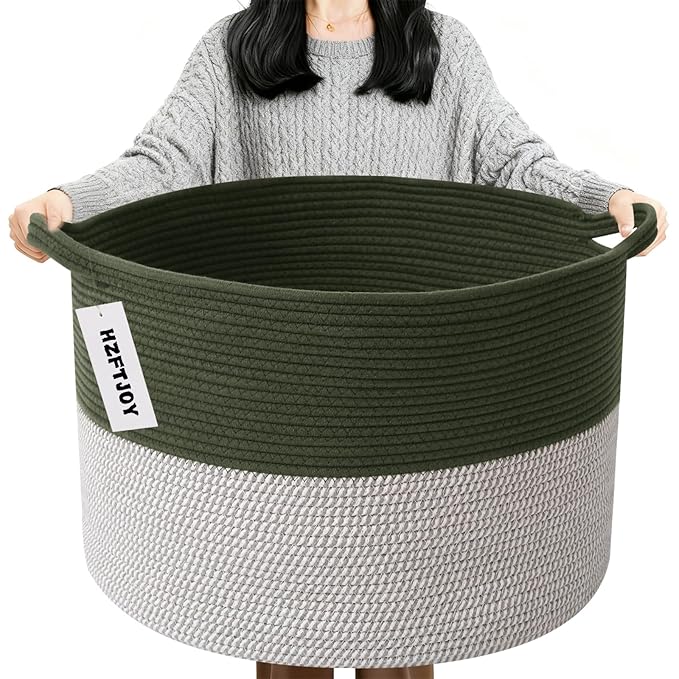 90L Extra Large Blanket Basket,Woven Laundry Basket-Green&White | Collapsible, reinforced handles, nursery storage bin organizes clothes, toys and pillows for living room, bedroom bathroom
