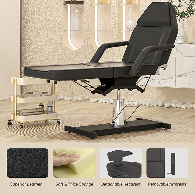 Hydraulic Tattoo Chair Bed for Client Spa Bed with Stool Height Adjustable Facial Beds for Esthetician Chair Aesthetic Treatment Table (Black Hydraulic Tattoo Chair)
