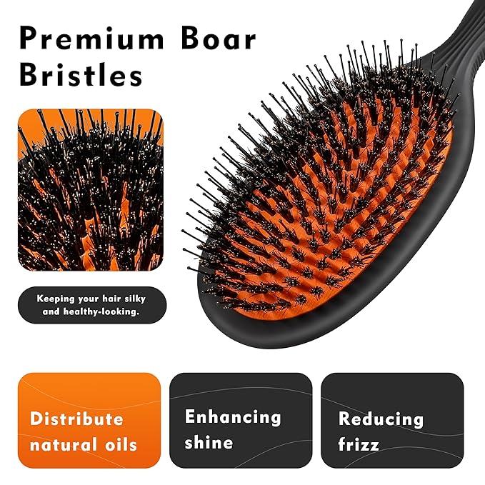 Eagle Fortress Boar Bristle Hair Brush for Women, Detangler Brush for Wet, Dry & Damaged Hair with Long Pins for Thick & Long Hair - Boar Black