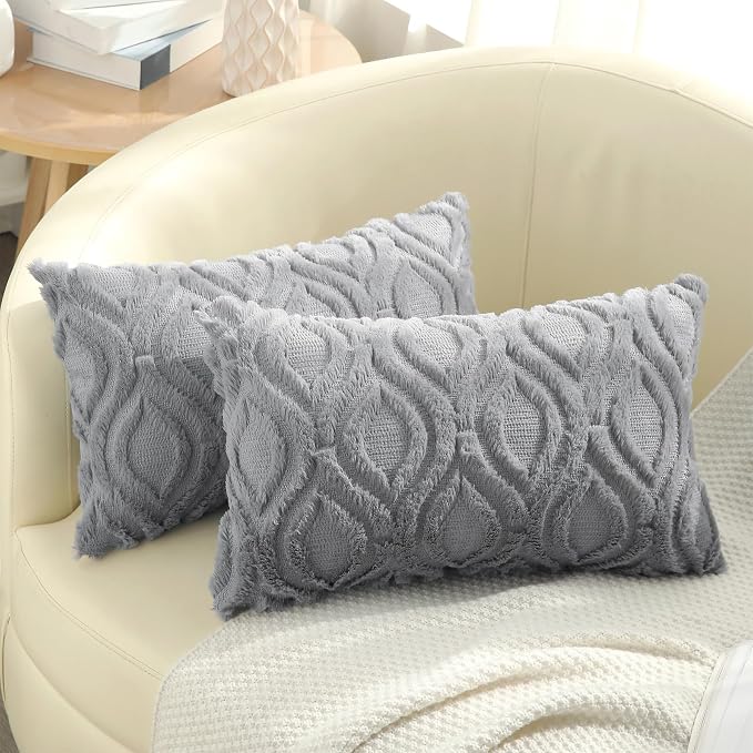 decorUhome Faux Fur Plush Soft Grey Throw Pillow Covers 12x20 Set of 2 | Wool Solid Fall Couch Pillow Covers, Accent Modern Farmhouse Neutral Decorative Square Pillow Cases for Sofa Bed Living Room