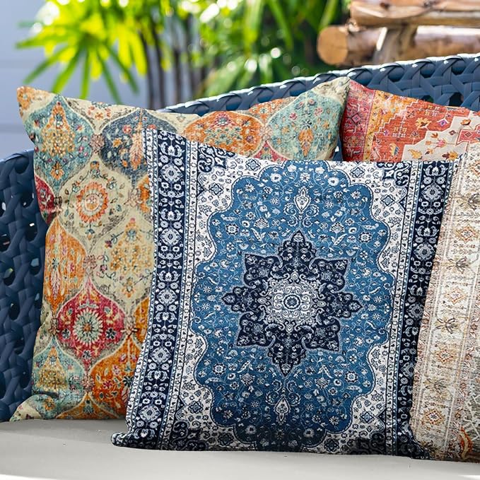 Boho Throw Pillow Covers 22x22 inch Set of 2,Soft Pillowcases Bohemia Carpet Printing Pattern Decorative Sofa Living Room Bed Square Pillow Case Cushion Cover-Blue