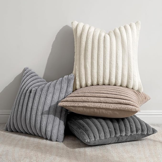 MIULEE Faux Fur Plush Decorative Throw Pillow Covers 20x20, Grey Taupe | Set of 4, Striped, Soft Boho Farmhouse Vintage, Rustic Cozy Home Decor, Cushion Cases for Sofa Couch Bed Living Room