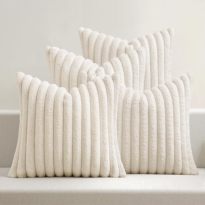 MIULEE Faux Fur Plush Decorative Throw Pillow Covers 18x18, Cream White | Set of 4, Striped, Soft Modern Cozy Home Decor, Cushion Cases for Sofa Couch Bed Living Room