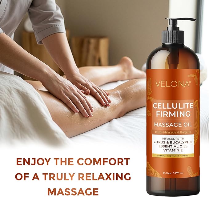 velona Cellulite Massage Oil – 64 Fl Oz | Vitamin E & Citrus Essential Oils | Massage Therapy for Legs & Body Oil | Moisturizing, Firming, Tightening, Smooth Skin | Professional Spa & Home Massage