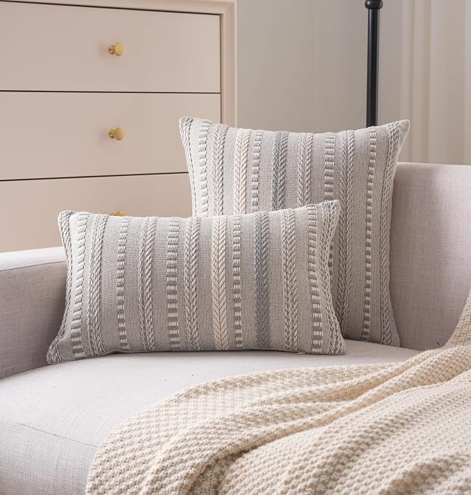 Cethom Boho Throw Pillow Covers 12x20 Inch Set of 2, Farmhouse Decorative Couch Pillow Cases, Grey Accent Pillows of Bed, Sofa Bedroom Living Room Home Decor Cushion Cover
