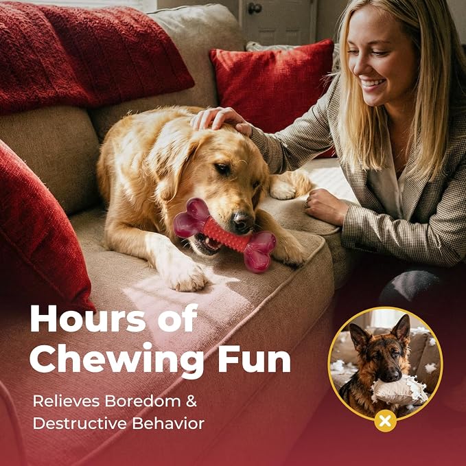 Tough Dog Toys for Aggressive Chewers: Beef Flavored Long Lasting Dog Bones for Large Dogs, Indestructible Dog Chew Toys to Keep Them Busy, Large Dog Toys for Medium & Large Breed, Red