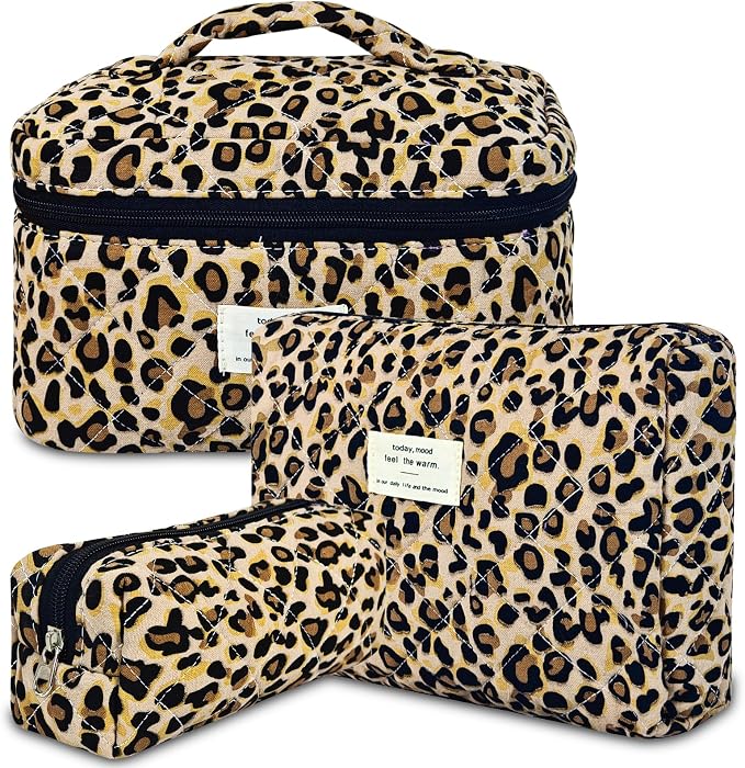 GISMTR 3Pcs Makeup Bag Cotton Quilted Travel Cosmetic Bag Cute Floral Makeup Pouch Large Toiletry Bag for Women Girls