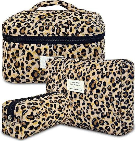 GISMTR 3Pcs Makeup Bag Cotton Quilted Travel Cosmetic Bag Cute Floral Makeup Pouch Large Toiletry Bag for Women Girls