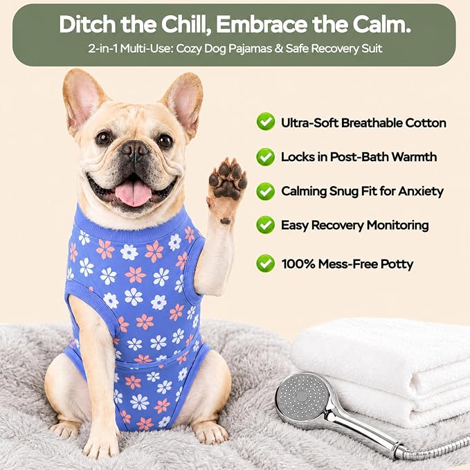PetWarm Dog Surgical Recovery Suit, Dog Bodysuit for Sensitive Skin Areas, Surgical Suit for Dogs Abdominal Affected Areas Bandages, Substitute E-Collar and Cone, Flower Pattern, Blue, XS