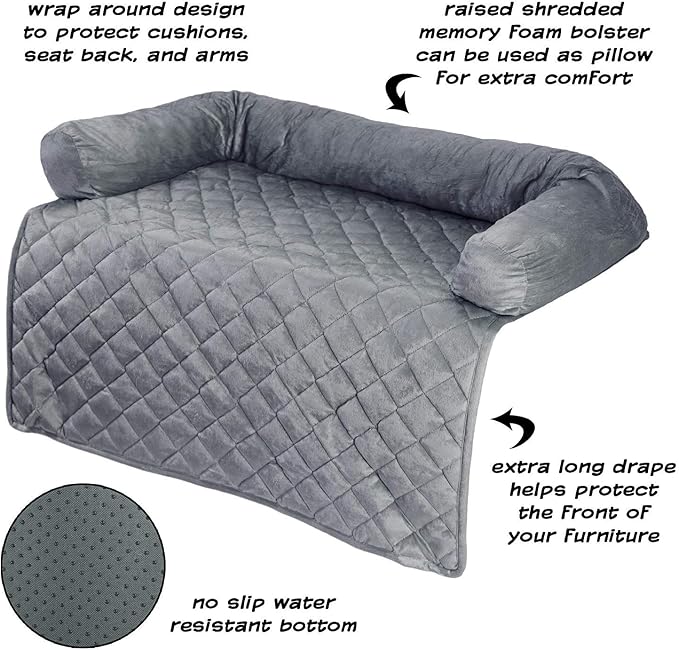 Couch Cover for Dogs - 35x35 Pet Furniture Protector with Memory Foam Neck Bolster, Quilted Fabric, and Water-Resistant Base Layer by PETMAKER (Gray)