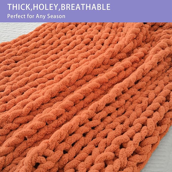 Bigacogo Chunky Knit Throw Blanket for Couch, 51x63 inches, Terracotta | Hand Knit with Jumbo Chenille, Soft Breathable Cable Knit for Sofa Bed Living Room, Machine Washable, Gift for Mom Friend