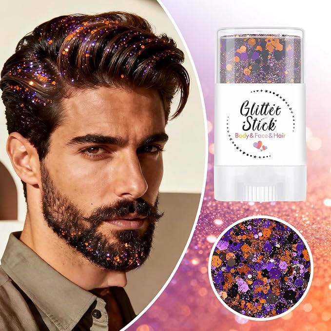 Body Glitter Stick, Neon Outfit Party Holographic Sparkling Sequins Face Paint Mardi Gras Accessories Hair Glitter Gel Makeup. (Purple & Orange)
